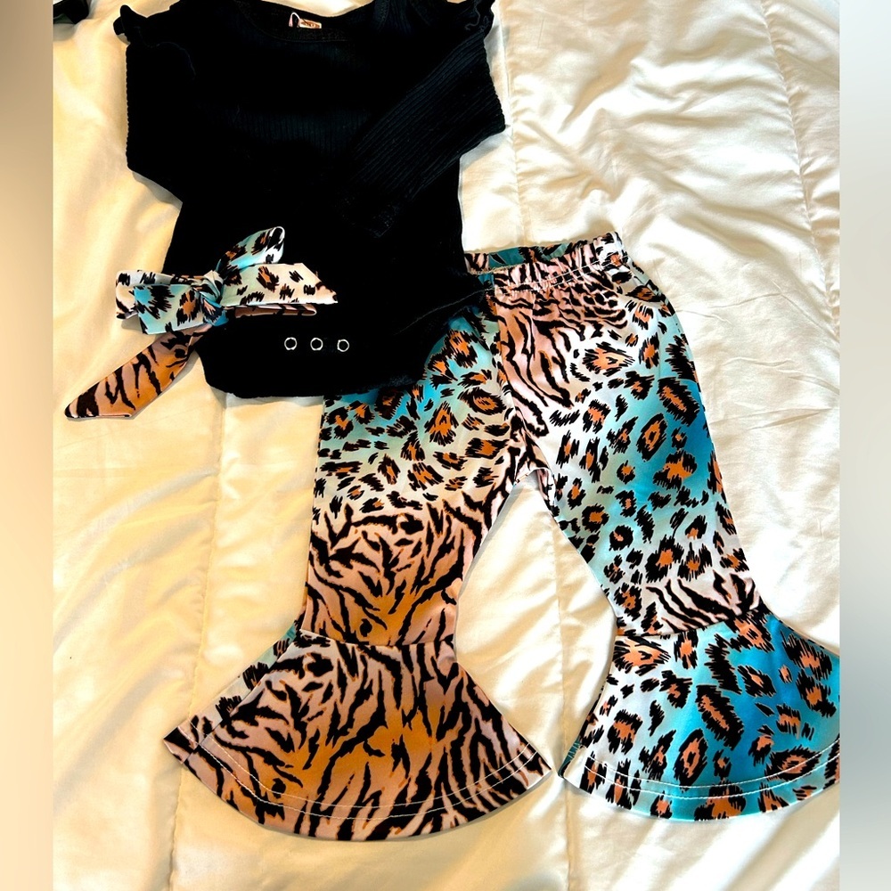 Black and multi-coloured leopard print 3 pc set with flare bottom pants